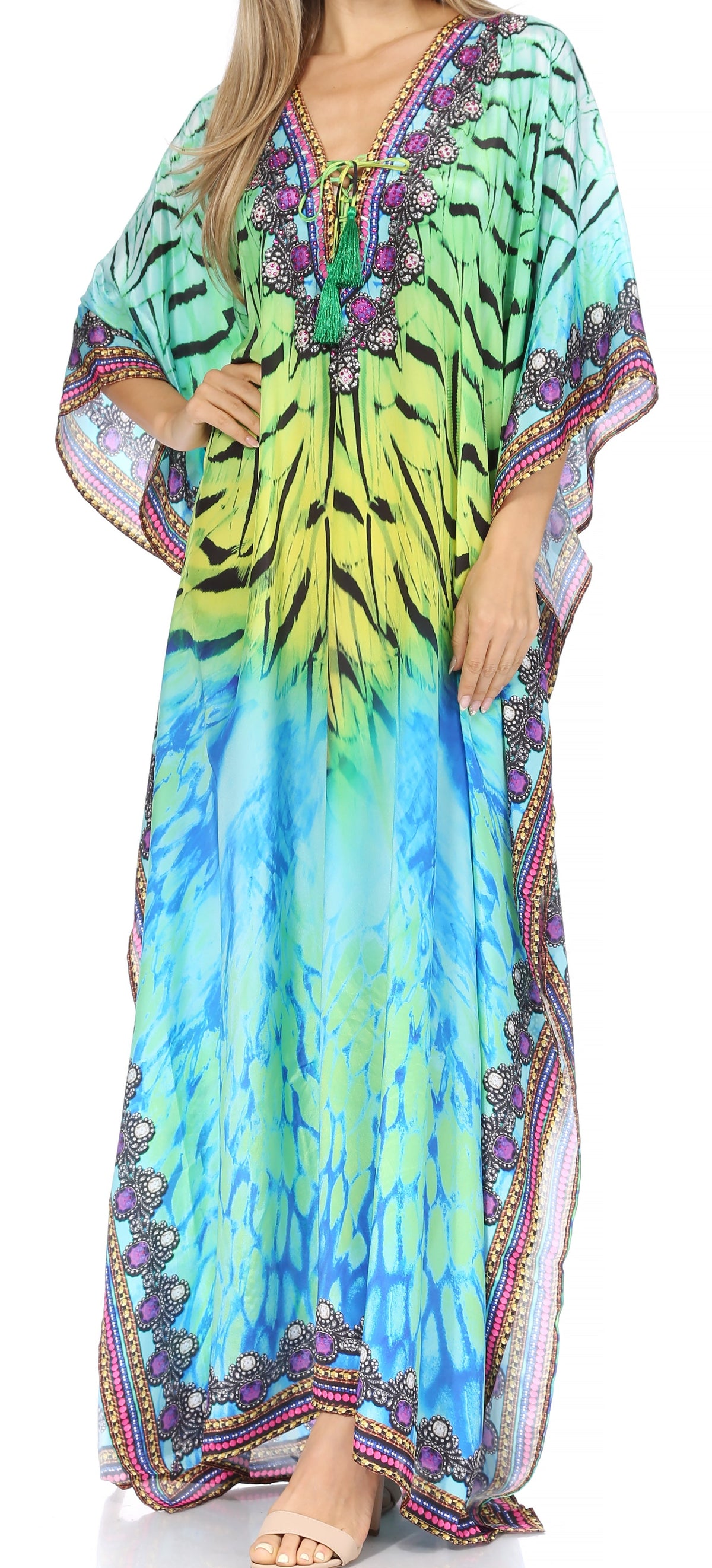 Sakkas Georgettina Flowy Rhinestone V Neck Long Caftan Dress/Cover Up