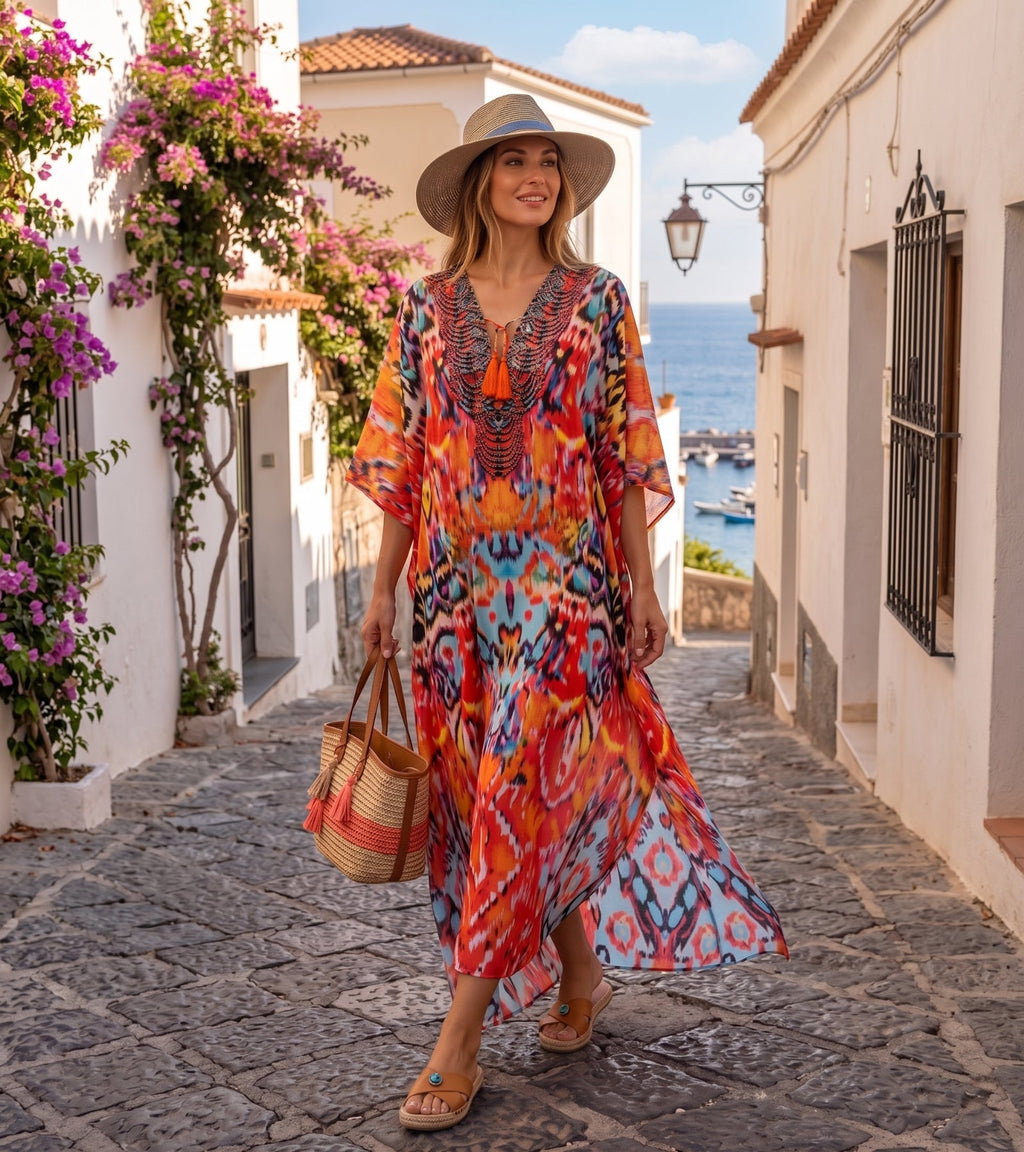 Sakkas Georgettina Flowy Rhinestone V Neck Long Caftan Dress/Cover Up