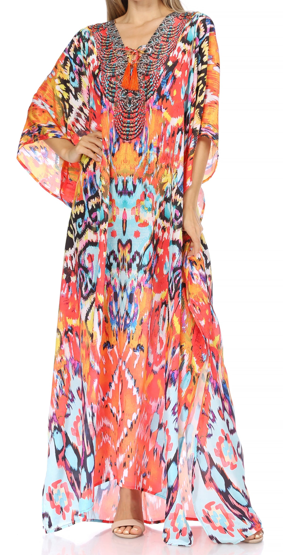 Sakkas Georgettina Flowy Rhinestone V Neck Long Caftan Dress/Cover Up